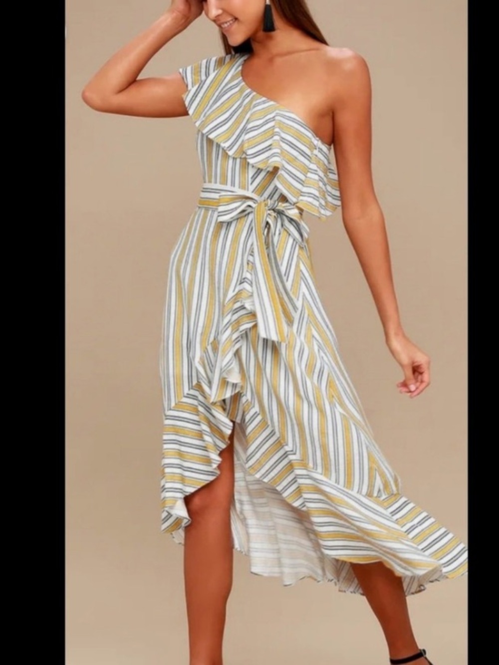 High Tide yellow-striped one-shoulder midi dress features a vibrant yellow and w